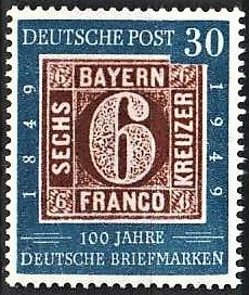 FRIMÆRKER VESTTYSKL. BUND: 1949 | AFA 1078 | Frimærkets 100-års jubilæum - 30 pf. blå/brun - Postfrisk
